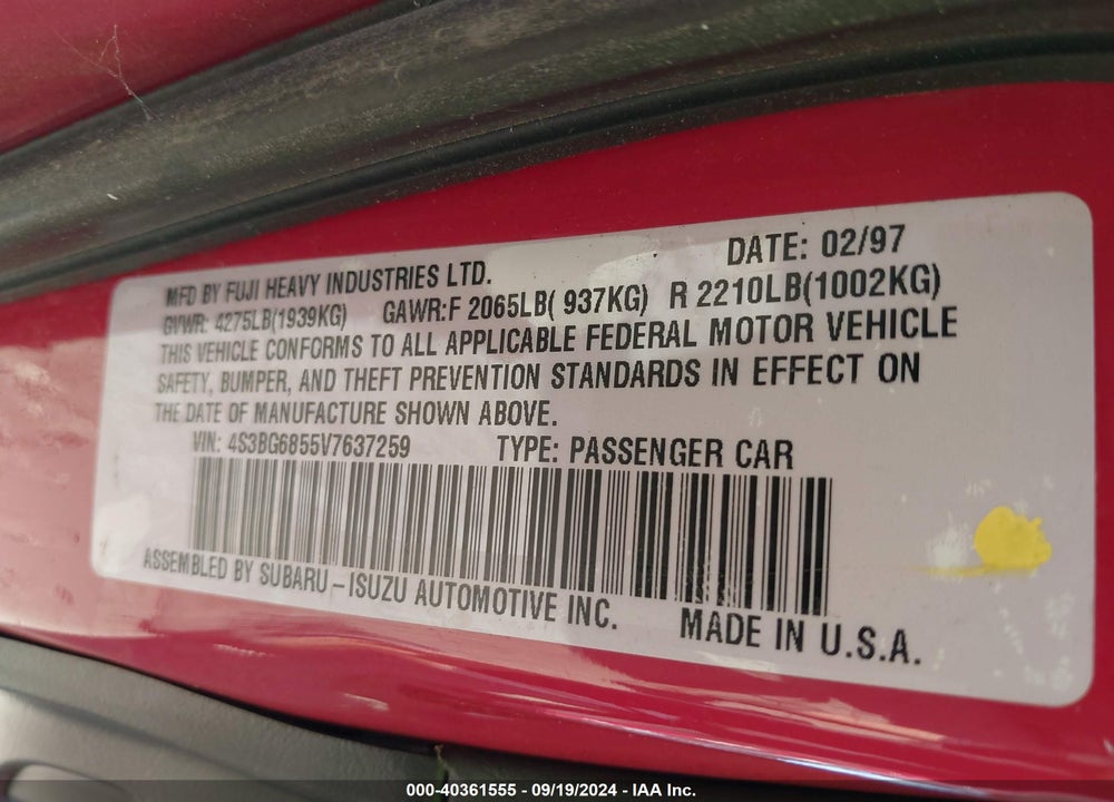 1997 SUBARU LEGACY OUTBACK/OUTBACK LIMITED VIN: 4S3BG6855V7637259
