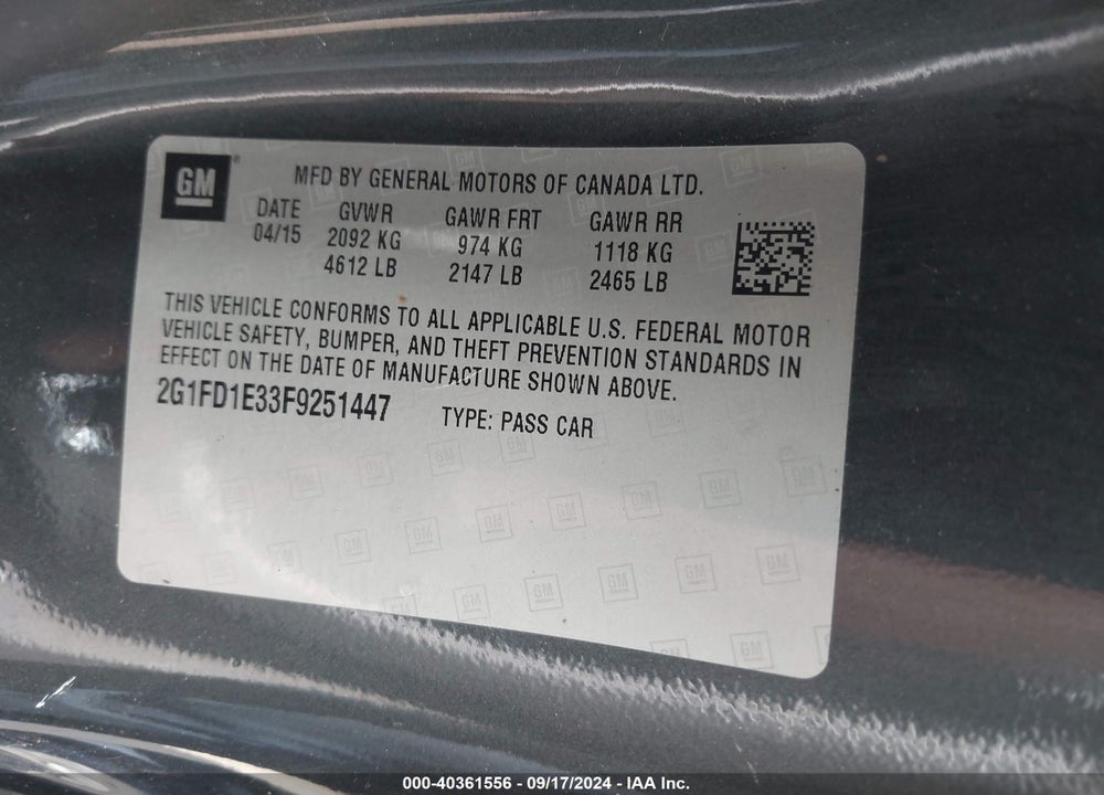 2015 CHEVROLET CAMARO 1LT VIN: 2G1FD1E33F9251447