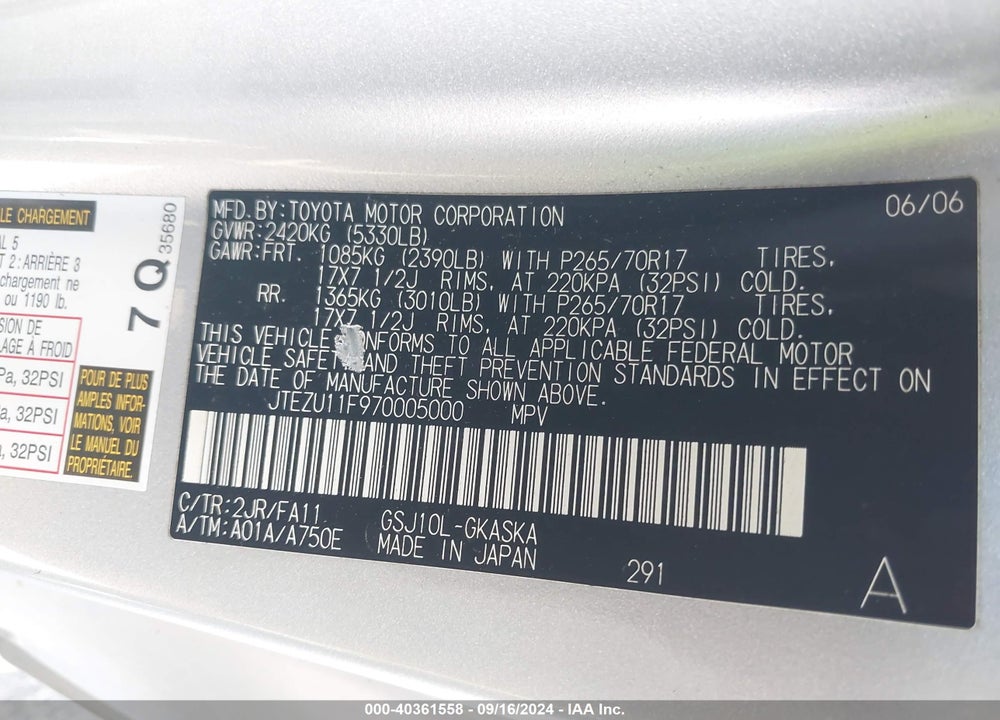 2007 CRUISER TOYOTA FJ VIN: JTEZU11F970005000