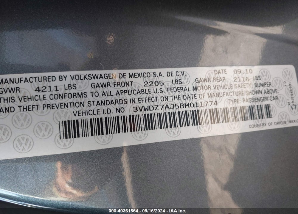 2011 VOLKSWAGEN JETTA 2.5L SE VIN: 3VWDZ7AJ5BM011774