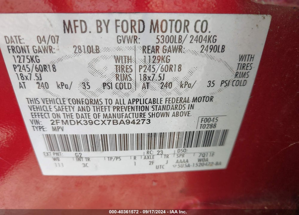 2007 FORD EDGE SEL PLUS VIN: 2FMDK39CX7BA94273
