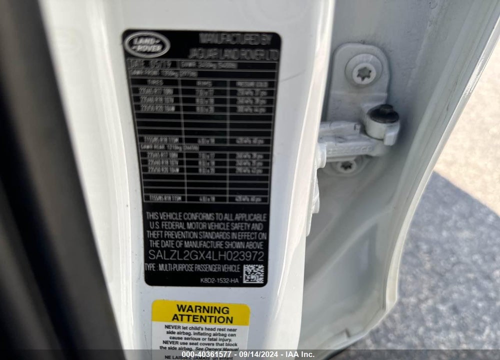 2020 LAND ROVER RANGE ROVER EVOQUE SE VIN: SALZL2GX4LH023972