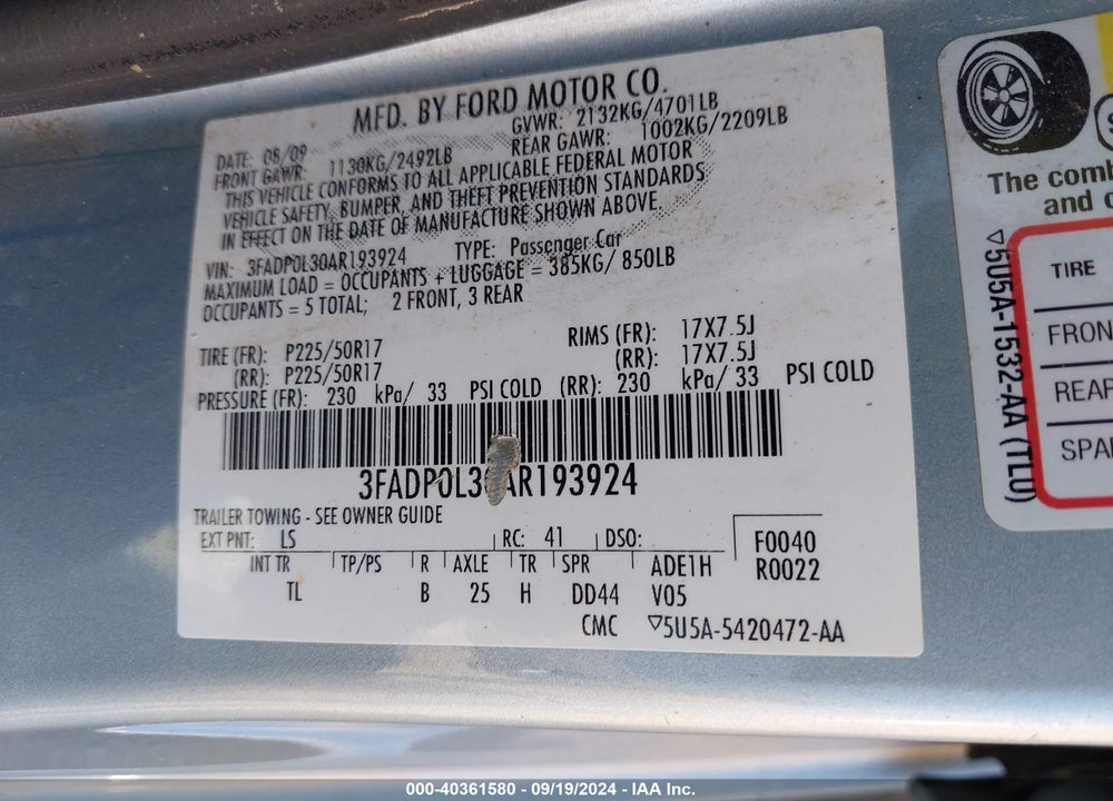 2010 FORD FUSION HYBRID VIN: 3FADP0L30AR193924