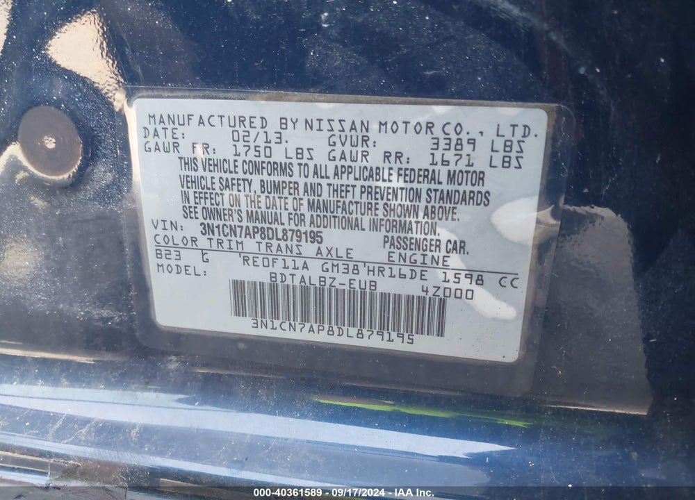 2013 NISSAN VERSA 1.6 SV VIN: 3N1CN7AP8DL879195