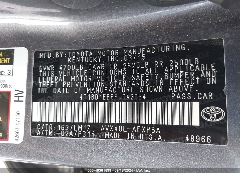 2015 TOYOTA AVALON HYBRID LIMITED VIN: 4T1BD1EB8FU042054