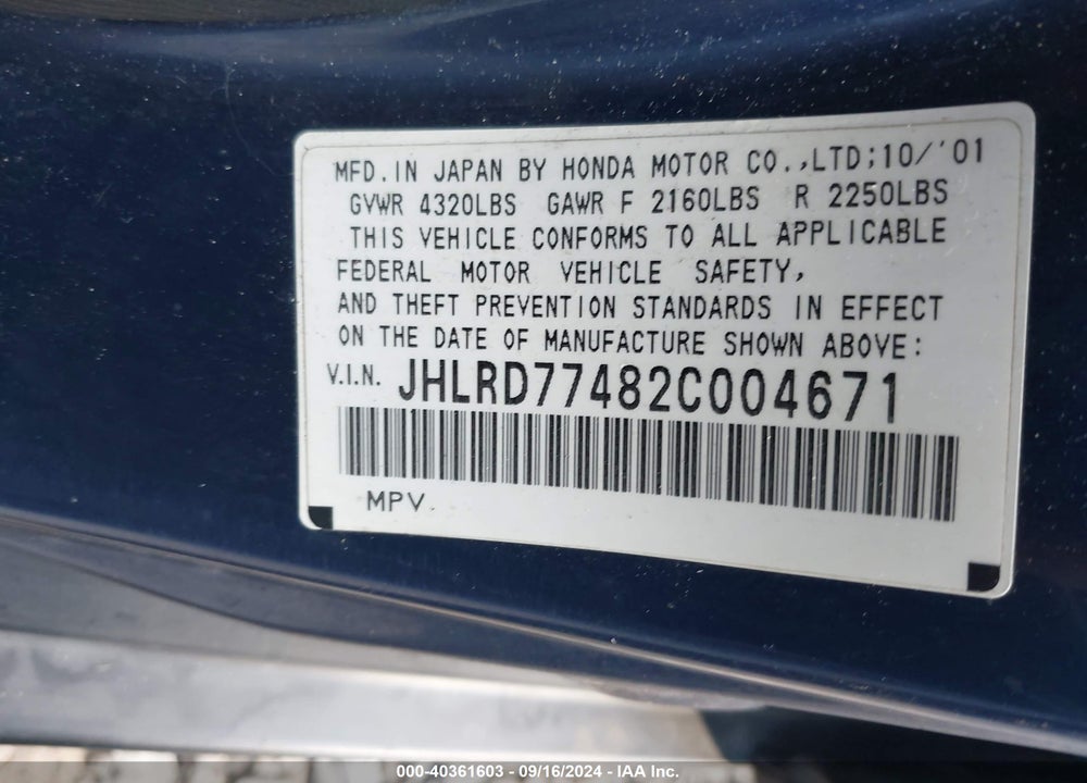 2002 HONDA CR-V LX VIN: JHLRD77482C004671