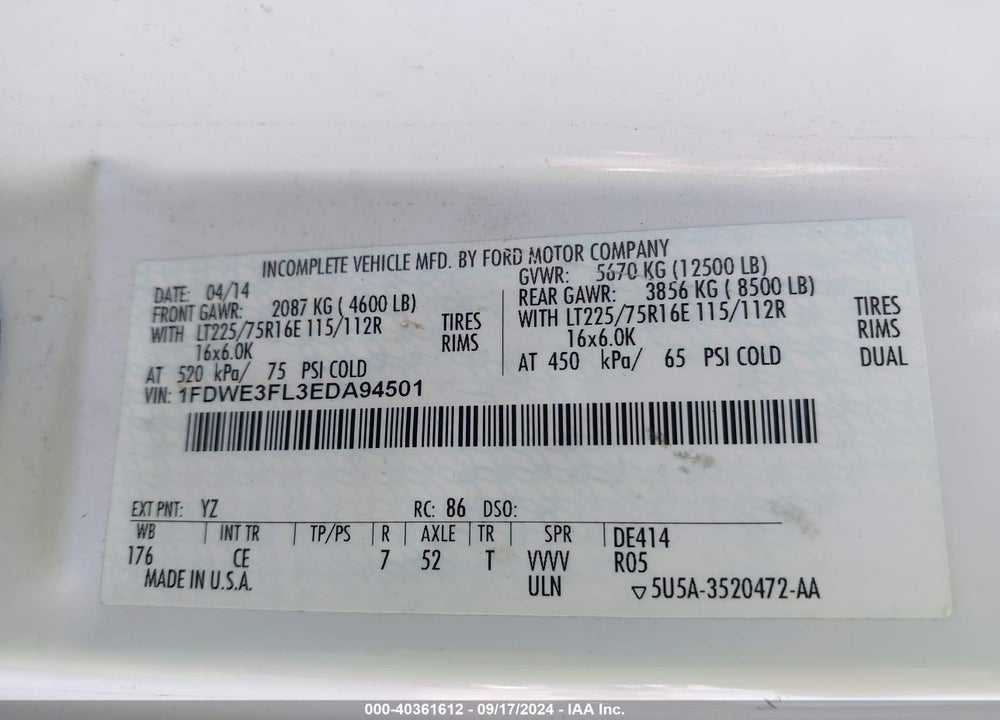 2014 FORD E-350 CUTAWAY VIN: 1FDWE3FL3EDA94501
