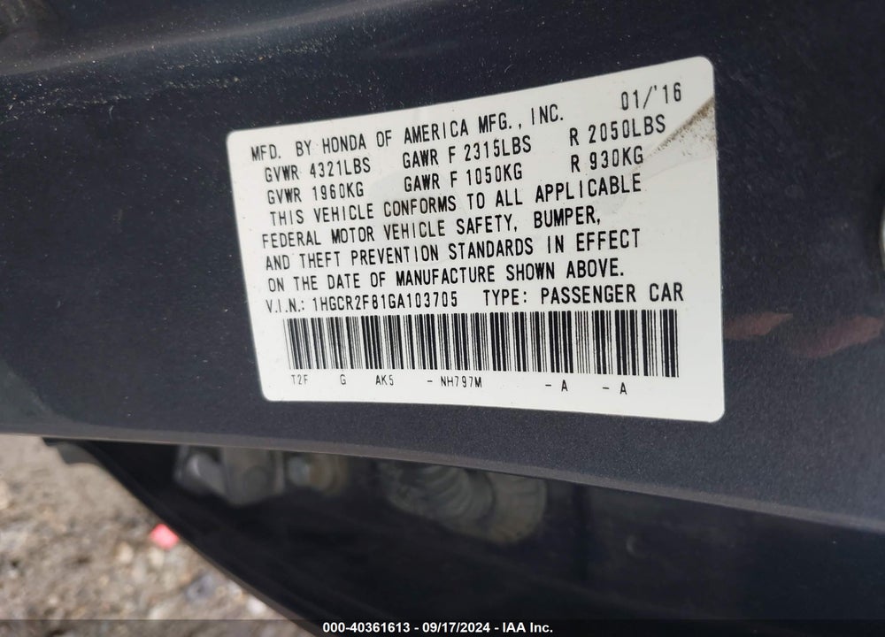 2016 HONDA ACCORD EX-L VIN: 1HGCR2F81GA103705