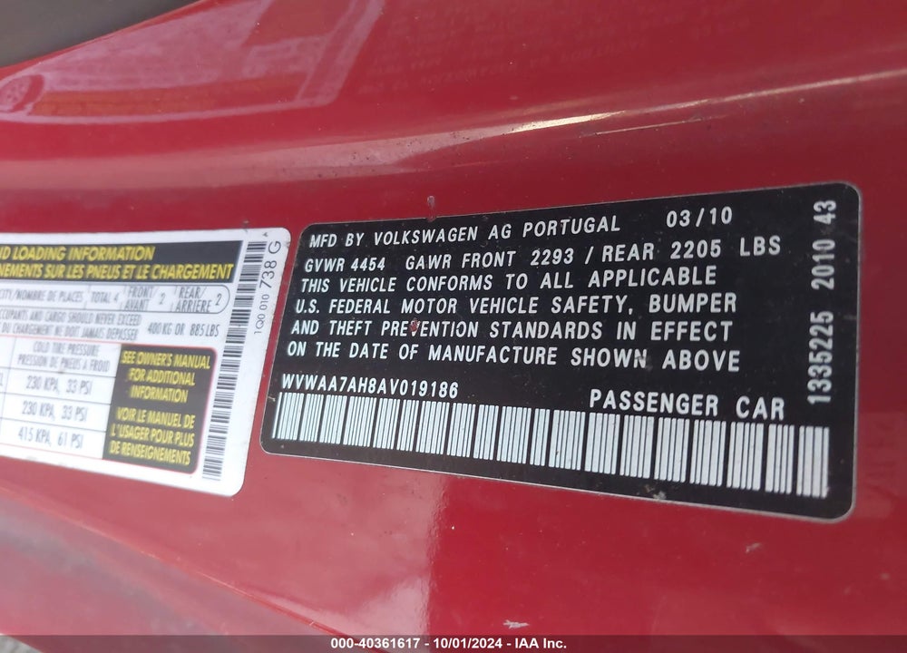 2010 VOLKSWAGEN EOS KOMFORT VIN: WVWAA7AH8AV019186