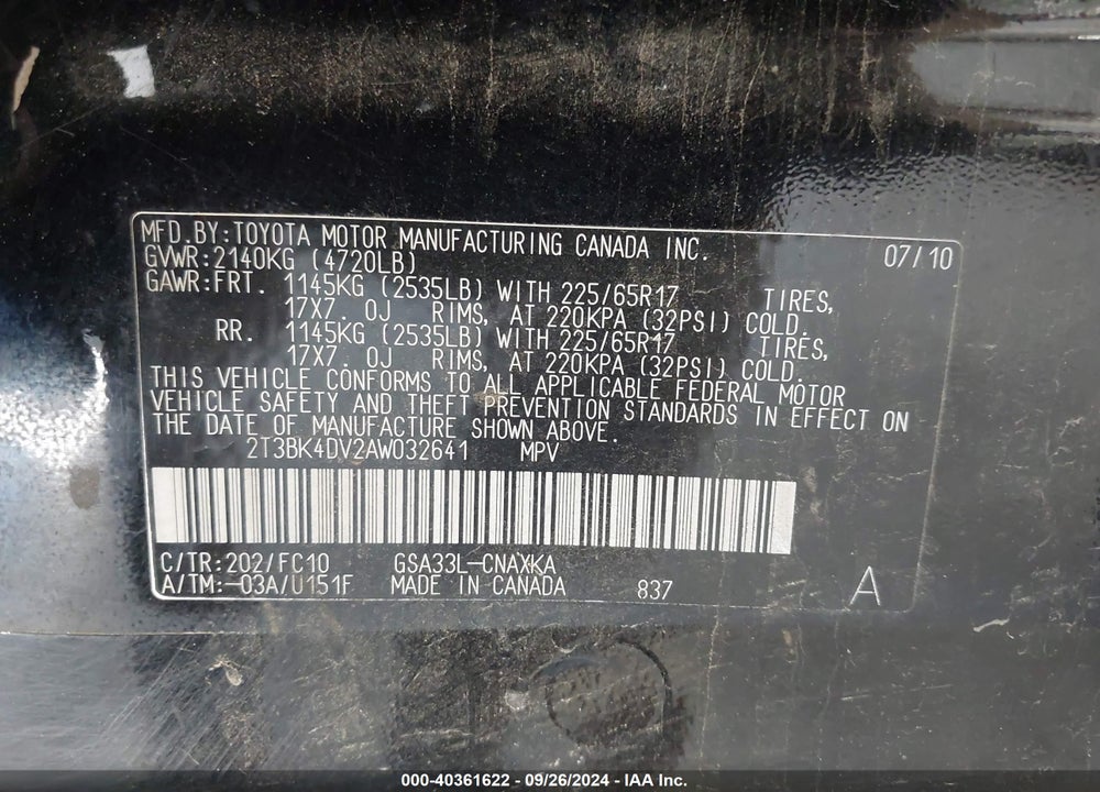 2010 TOYOTA RAV4 BASE V6 VIN: 2T3BK4DV2AW032641