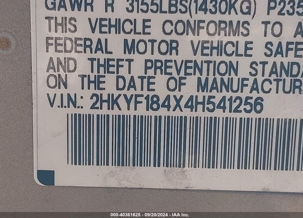 2004 HONDA PILOT EX VIN: 2HKYF184X4H541256