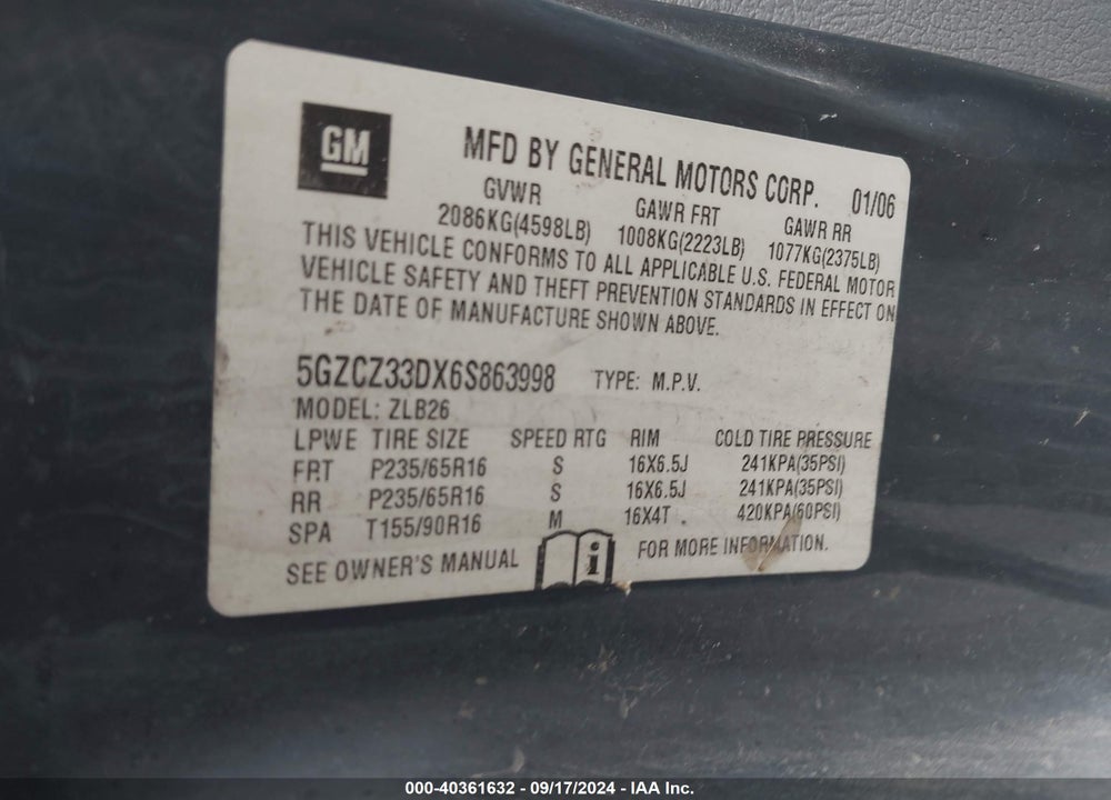 2006 SATURN VUE 4 CYL VIN: 5GZCZ33DX6S863998