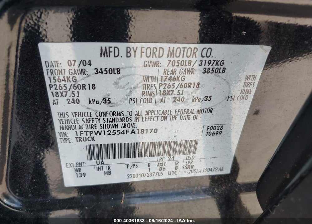 2004 FORD F-150 LARIAT/XLT VIN: 1FTPW12554FA18170