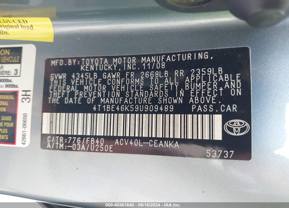 2009 TOYOTA CAMRY LE VIN: 4T1BE46K59U909489