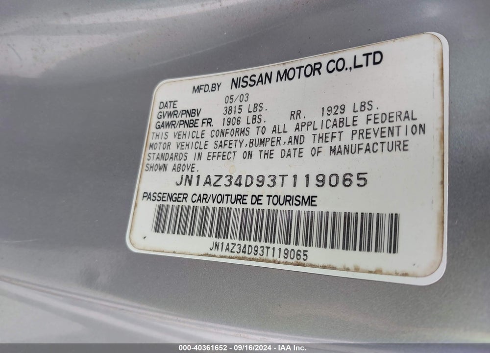 2003 NISSAN 350Z TOURING VIN: JN1AZ34D93T119065