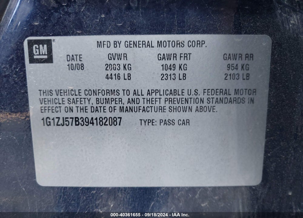 2009 CHEVROLET MALIBU LT VIN: 1G1ZJ57B394182087
