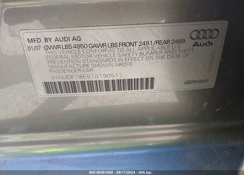 2007 AUDI A4 2.0T VIN: WAUDF78E57A190517