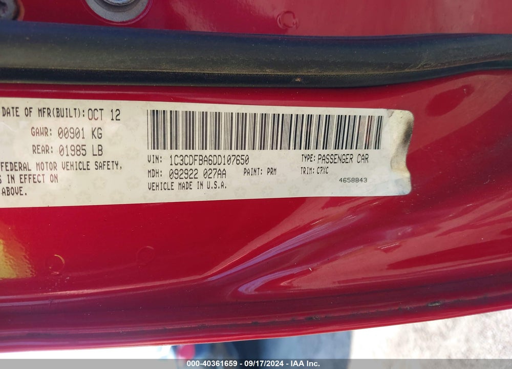 2013 DODGE DART RALLYE VIN: 1C3CDFBA6DD107650
