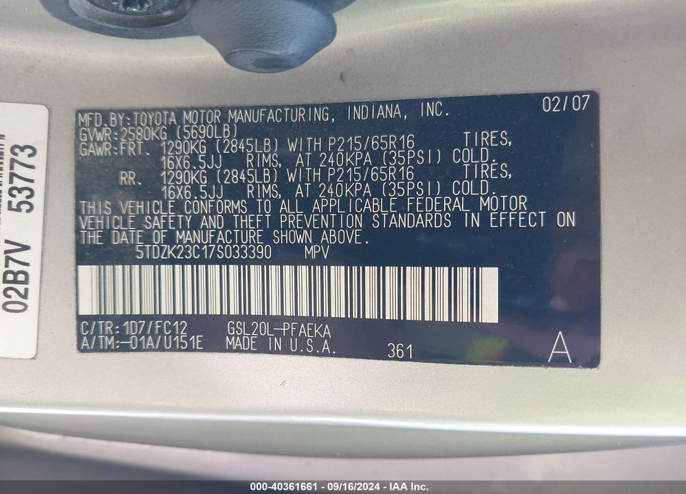 2007 TOYOTA SIENNA LE VIN: 5TDZK23C17S033390