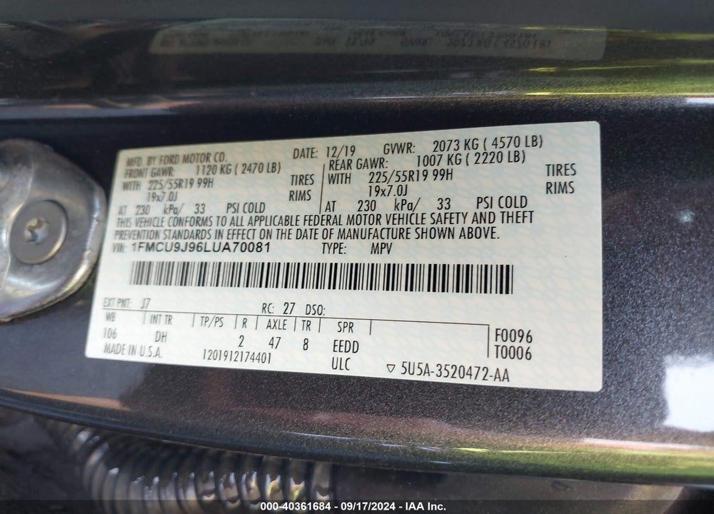 2020 FORD ESCAPE TITANIUM VIN: 1FMCU9J96LUA70081