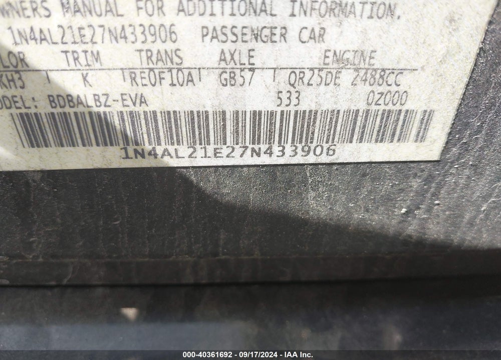 2007 NISSAN ALTIMA 2.5 S VIN: 1N4AL21E27N433906