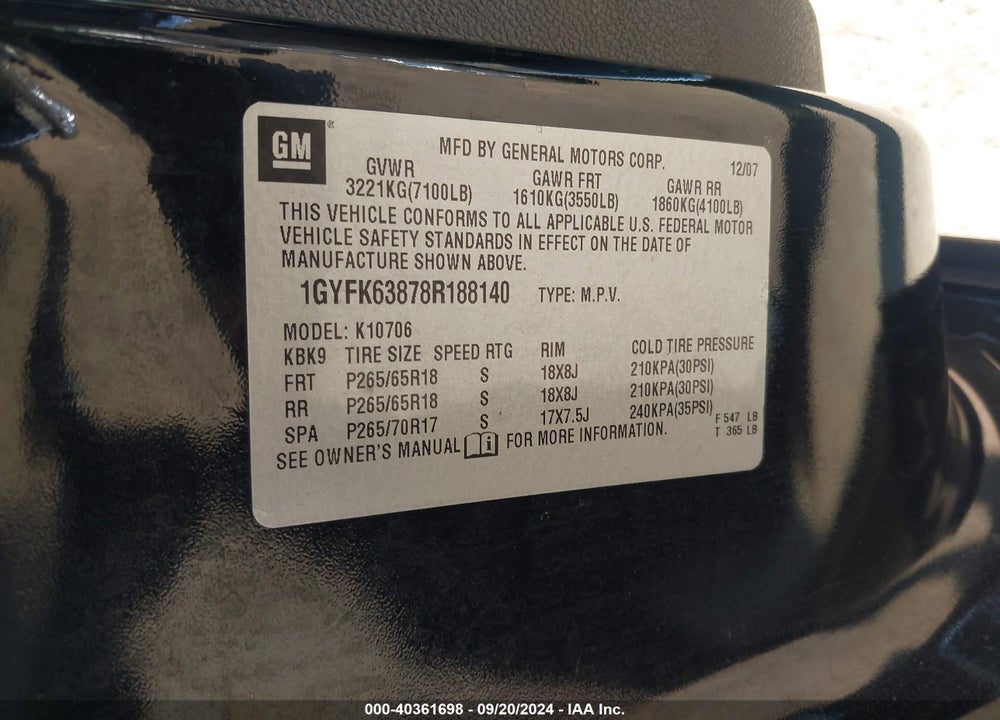 2008 CADILLAC ESCALADE STANDARD VIN: 1GYFK63878R188140