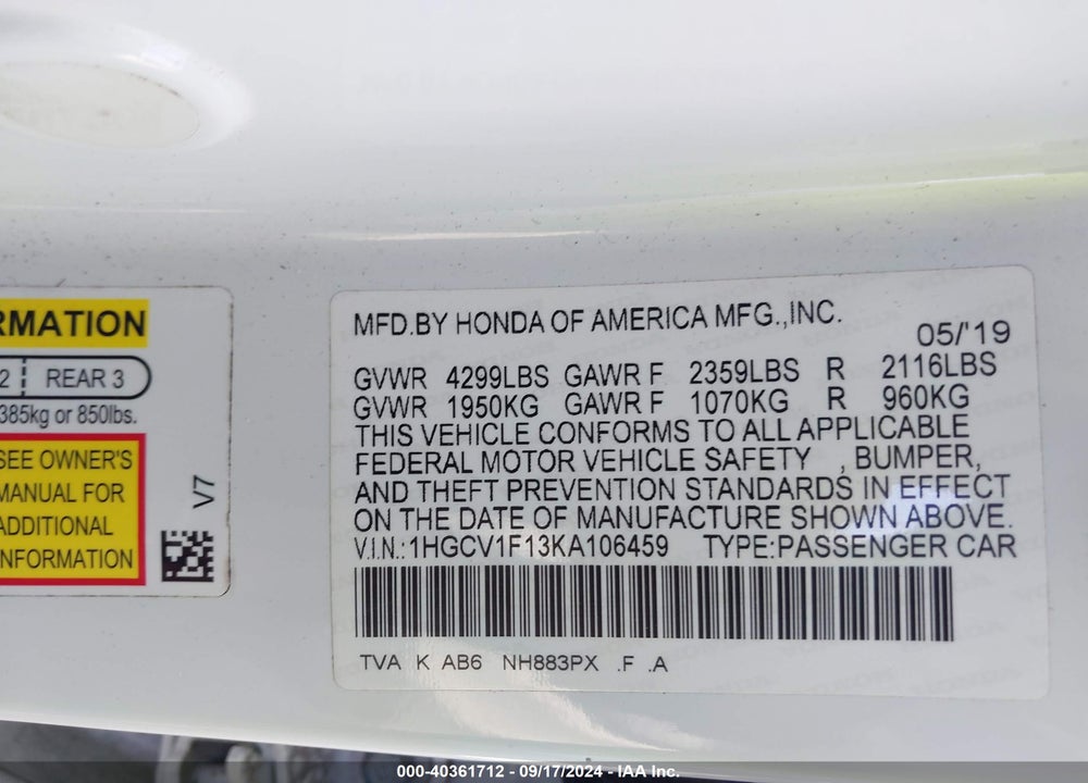 2019 HONDA ACCORD LX VIN: 1HGCV1F13KA106459