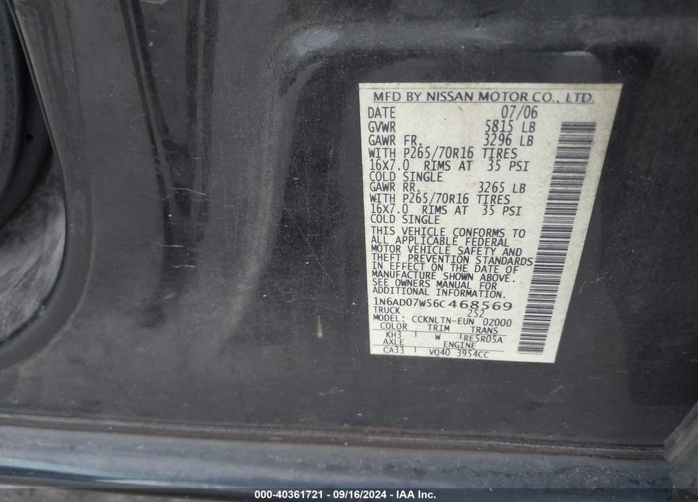 2006 NISSAN FRONTIER SE VIN: 1N6AD07W56C468569
