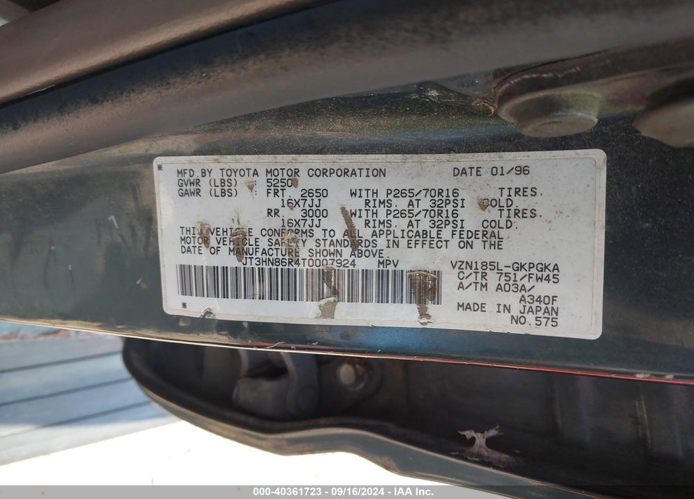 1996 TOYOTA 4RUNNER SR5 VIN: JT3HN86R4T0007924