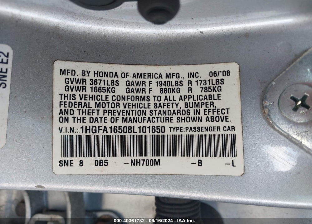 2008 HONDA CIVIC LX VIN: 1HGFA16508L101650