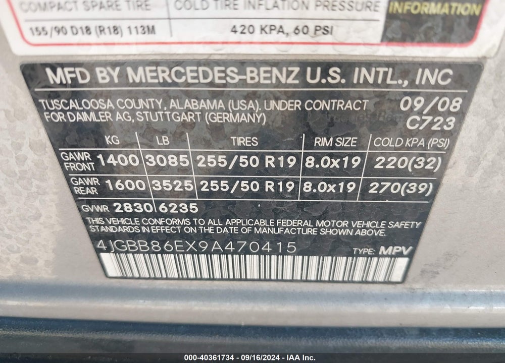 2009 MERCEDES-BENZ ML 350 4MATIC VIN: 4JGBB86EX9A470415