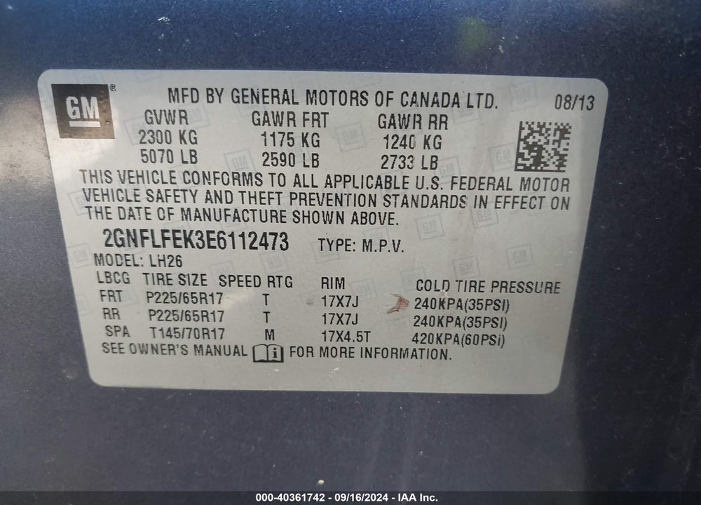 2014 CHEVROLET EQUINOX 1LT VIN: 2GNFLFEK3E6112473