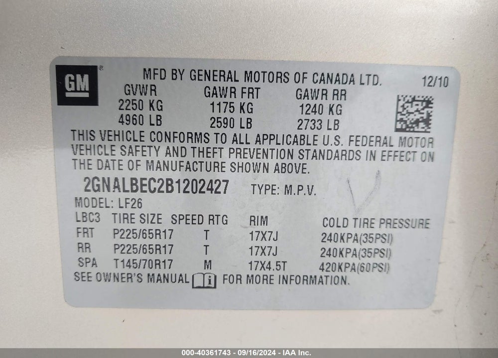 2011 CHEVROLET EQUINOX LS VIN: 2GNALBEC2B1202427
