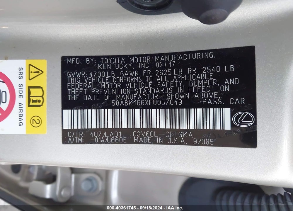 2017 LEXUS ES 350 VIN: 58ABK1GGXHU057049