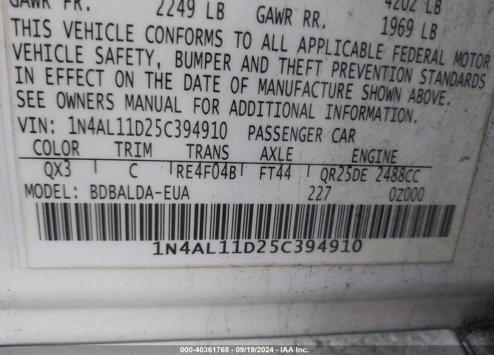 2005 NISSAN ALTIMA 2.5 S VIN: 1N4AL11D25C394910