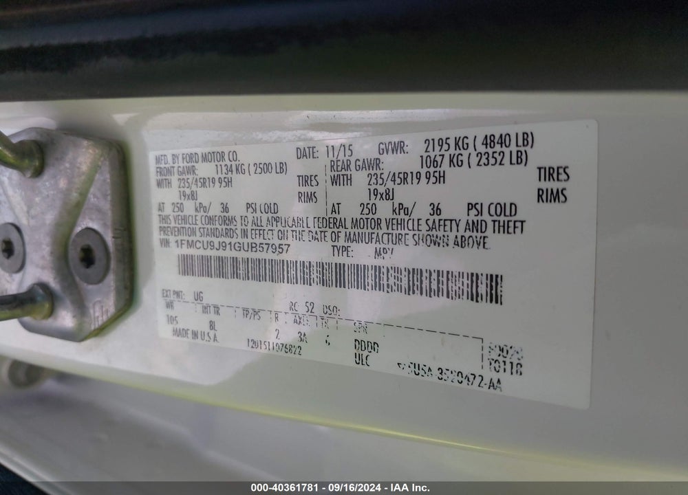 2016 FORD ESCAPE TITANIUM VIN: 1FMCU9J91GUB57957