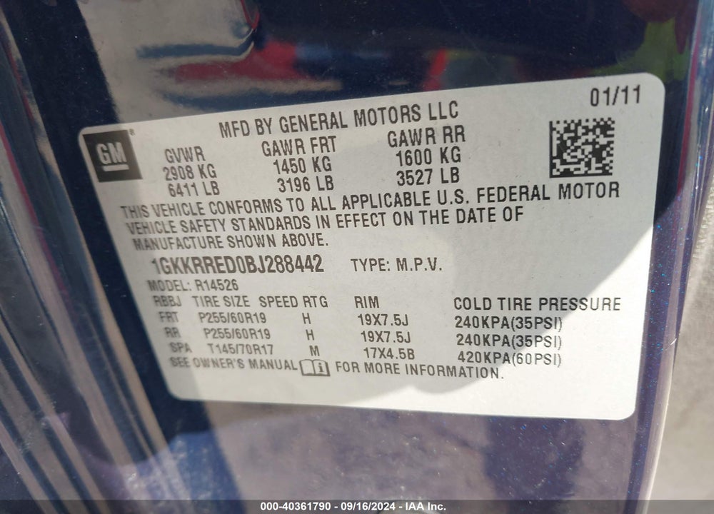 2011 GMC ACADIA SLT-1 VIN: 1GKKRRED0BJ288442