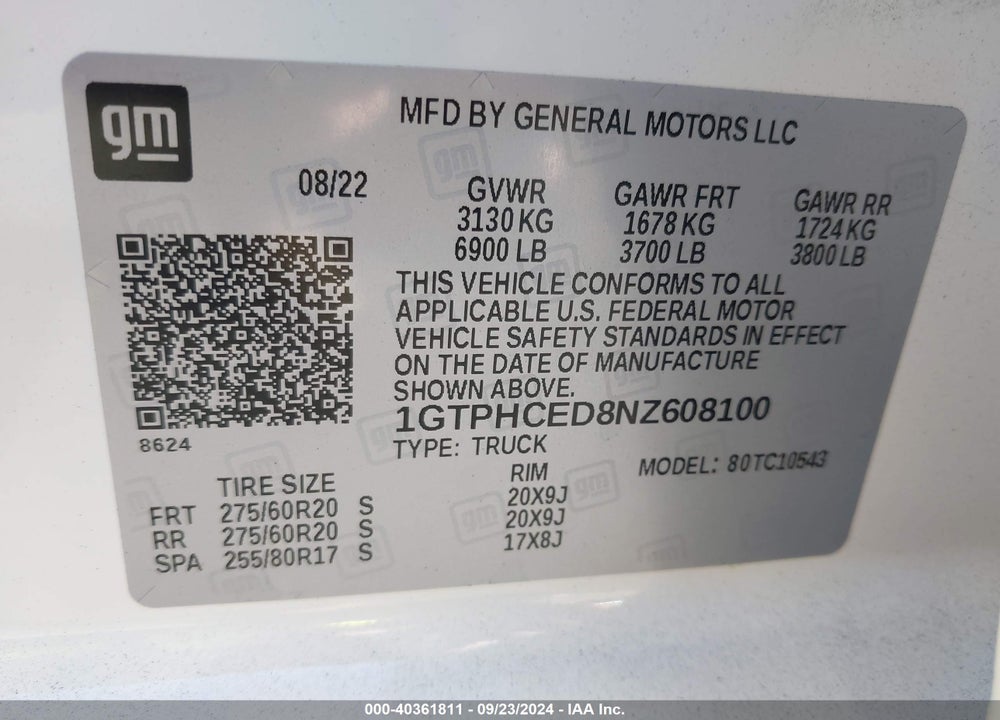 2022 GMC SIERRA 1500 VIN: 1GTPHCED8NZ608100