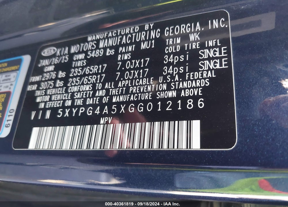 2016 KIA SORENTO 3.3L LX VIN: 5XYPG4A5XGG012186