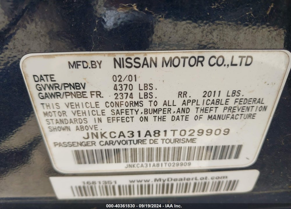 2001 INFINITI I30 TOURING VIN: JNKCA31A81T029909