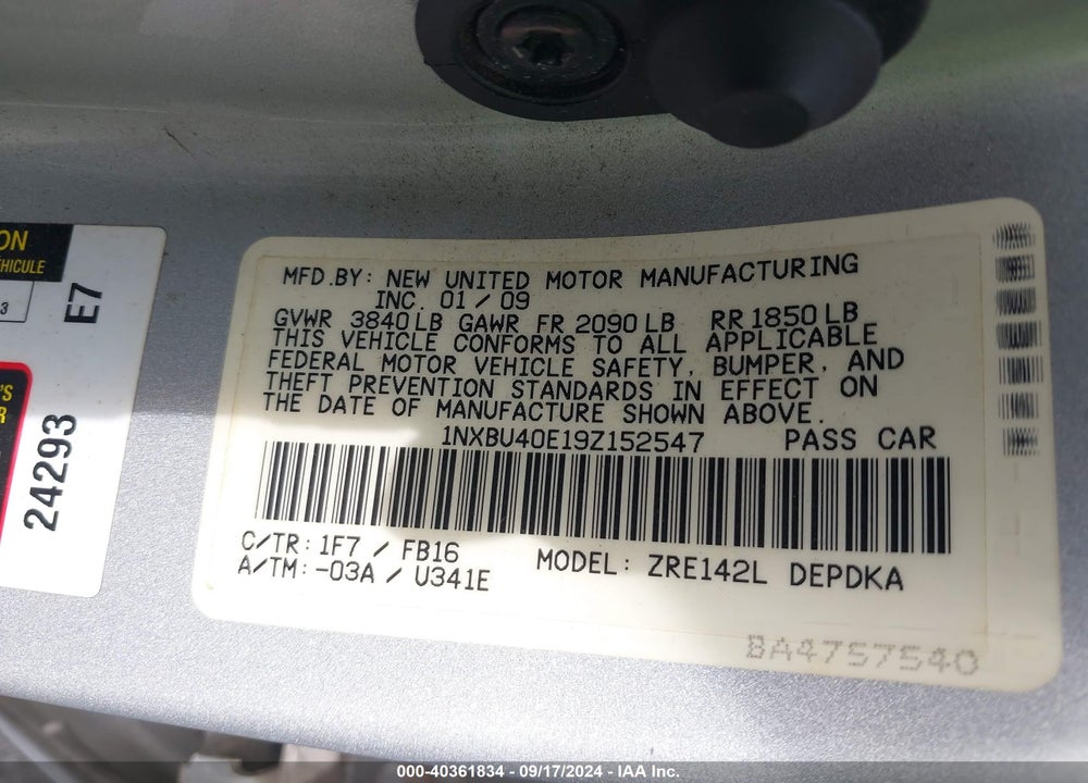 2009 TOYOTA COROLLA LE VIN: 1NXBU40E19Z152547