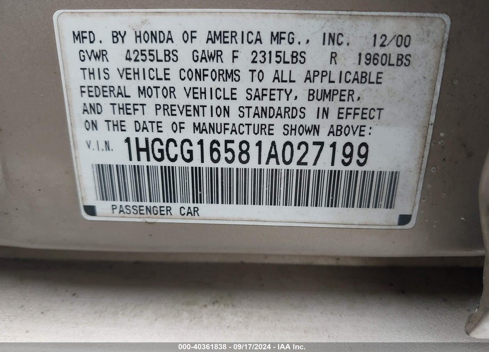 2001 HONDA ACCORD 3.0 EX VIN: 1HGCG16581A027199