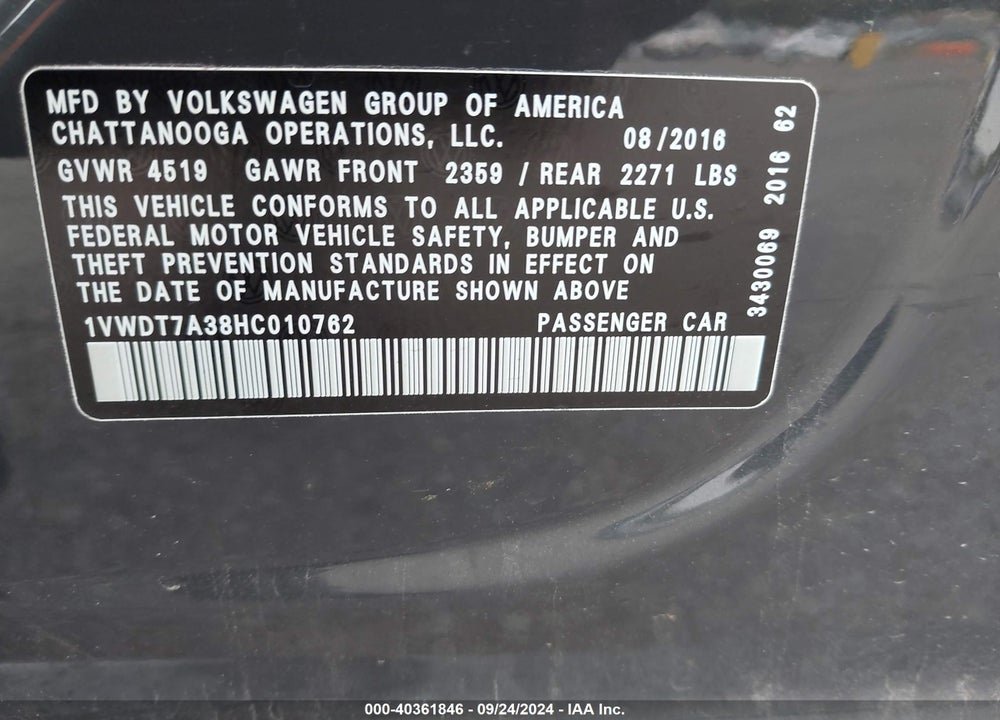 2017 VOLKSWAGEN PASSAT 1.8T R-LINE VIN: 1VWDT7A38HC010762
