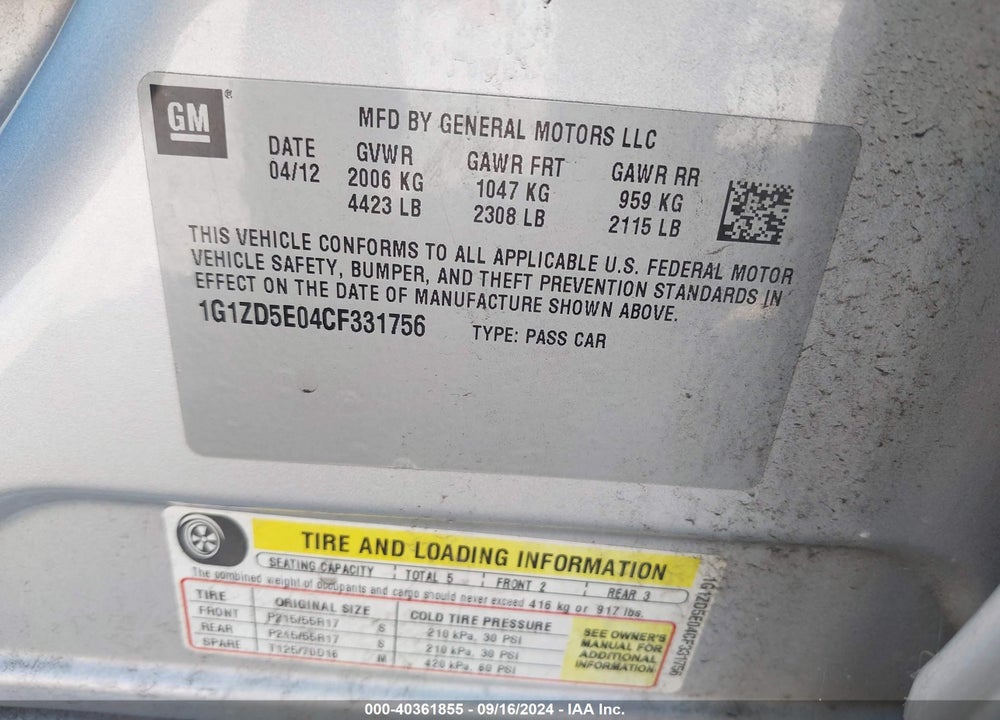 2012 CHEVROLET MALIBU 2LT VIN: 1G1ZD5E04CF331756