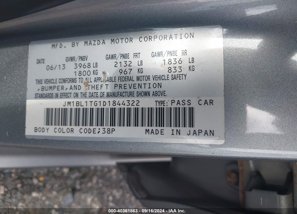 2013 MAZDA 3 I SV VIN: JM1BL1TG1D1844322