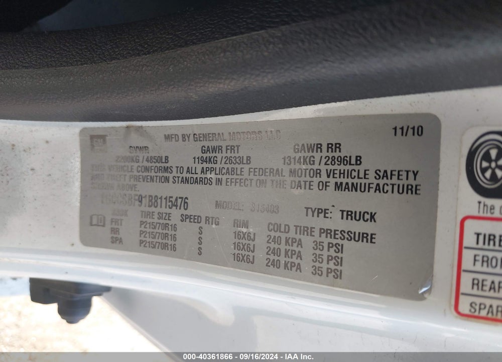 2011 CHEVROLET COLORADO VIN: 1GCCSBF91B8115476