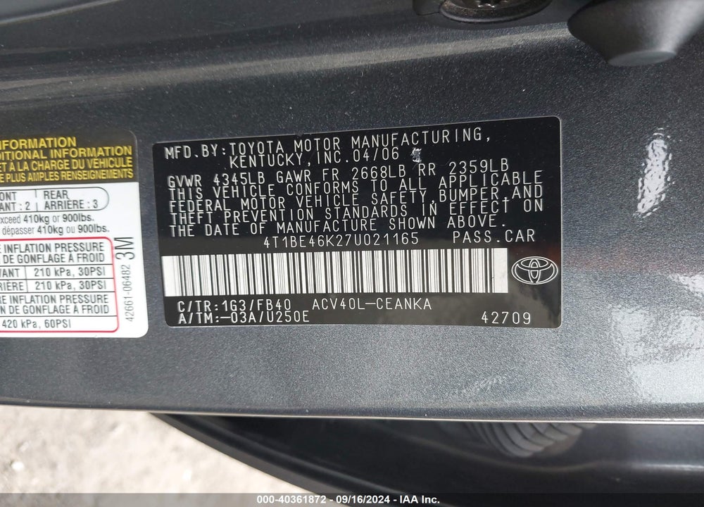 2007 TOYOTA CAMRY LE VIN: 4T1BE46K27U021165