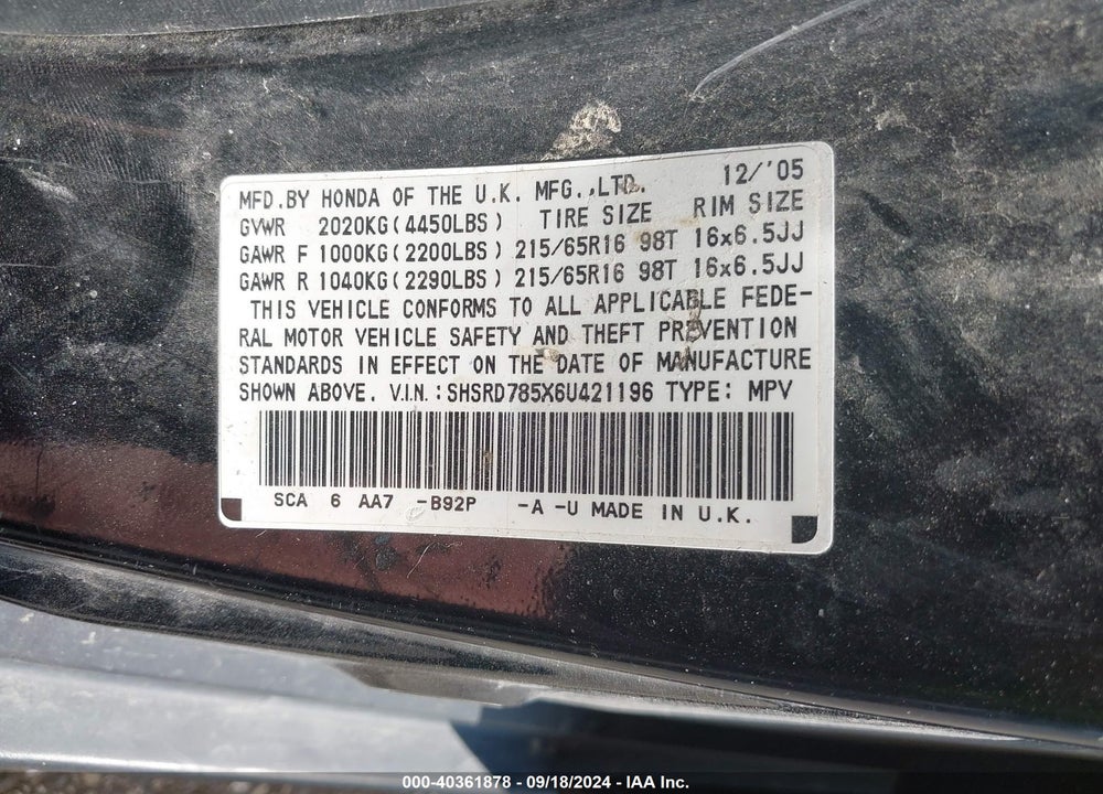 2006 HONDA CR-V LX VIN: SHSRD785X6U421196