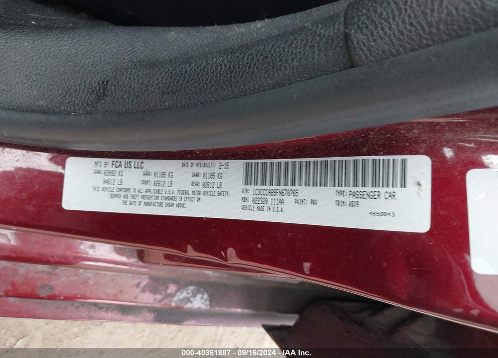 2015 CHRYSLER 200 LIMITED VIN: 1C3CCCAB9FN670765