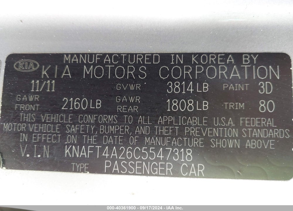 2012 KIA FORTE LX VIN: KNAFT4A26C5547318
